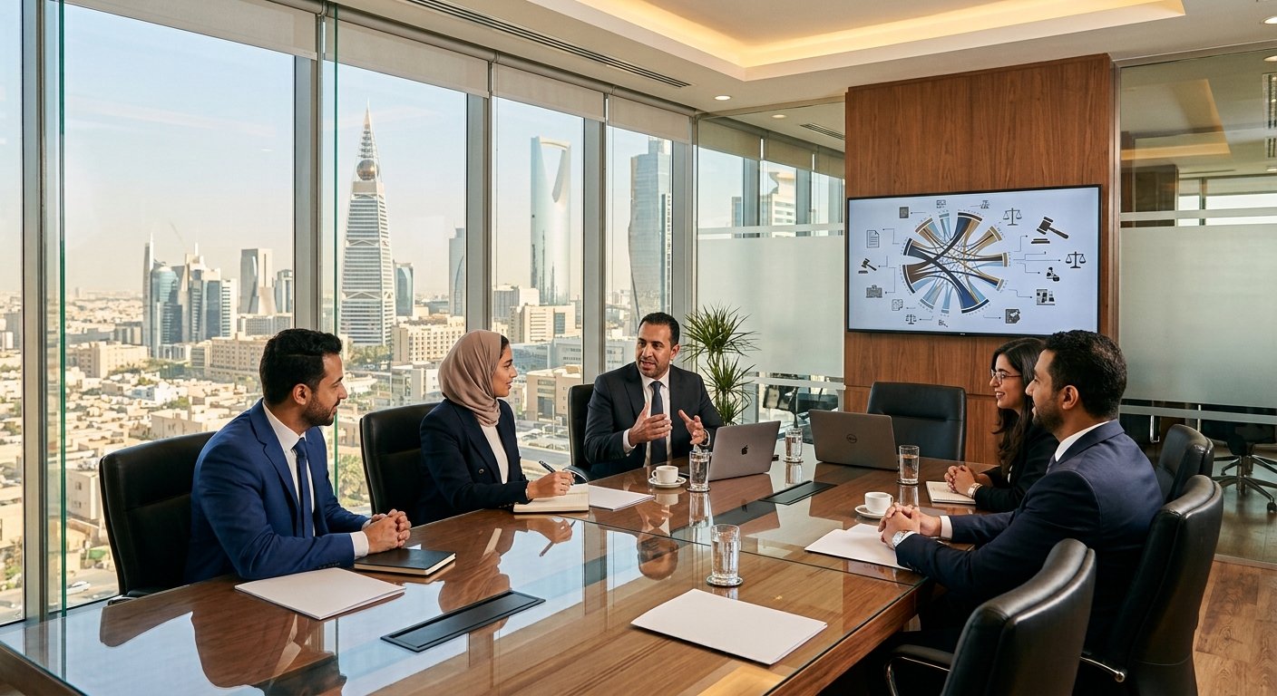 محامو وهدان وشركاه في اجتماع مع أحد العملاء